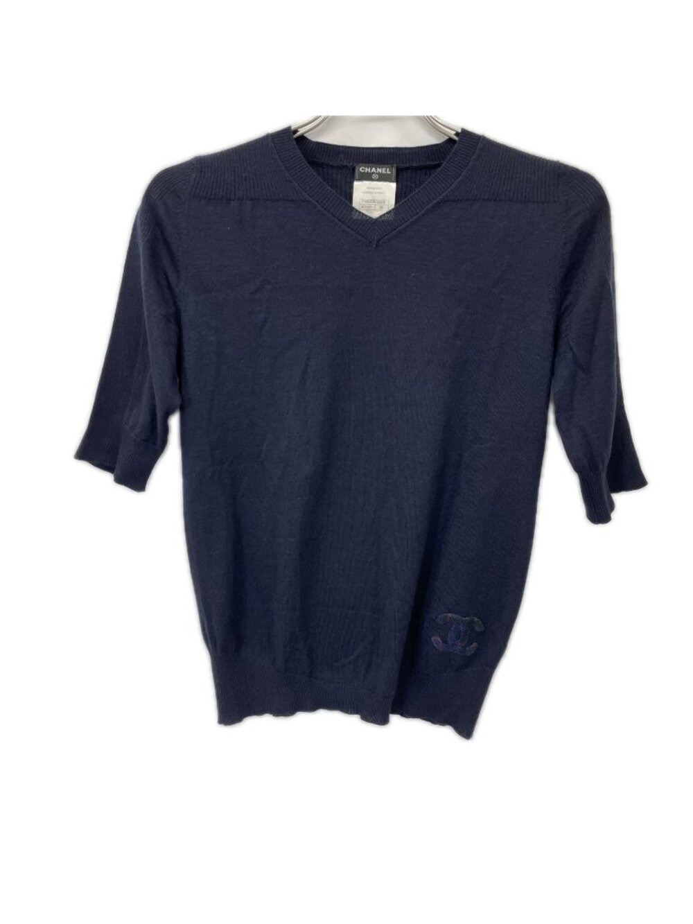 Chanel Navy Cashmere Silk CC Logo Patch V-neck Knit Sew Sweater 36